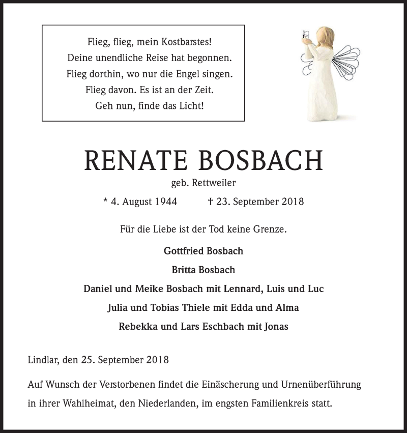  Traueranzeige für Renate Bosbach vom 29.09.2018 aus Kölner Stadt-Anzeiger / Kölnische Rundschau / Express