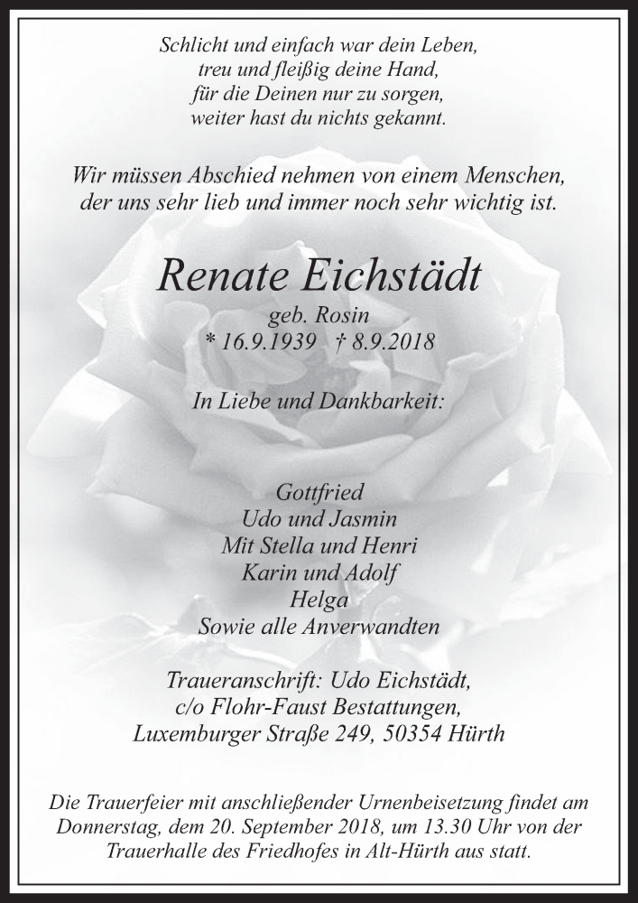  Traueranzeige für Renate Eichstädt vom 19.09.2018 aus  Wochenende 