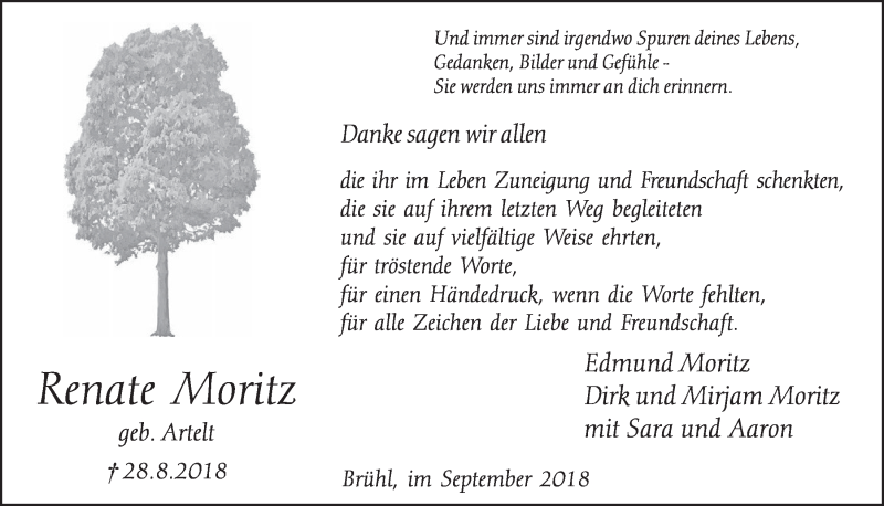  Traueranzeige für Renate Moritz vom 26.09.2018 aus  Schlossbote/Werbekurier 