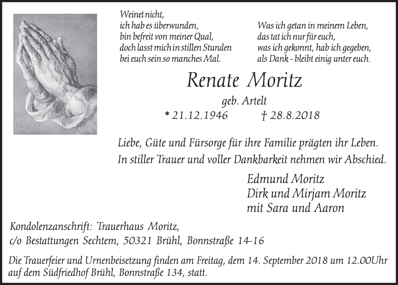  Traueranzeige für Renate Moritz vom 12.09.2018 aus  Schlossbote/Werbekurier 