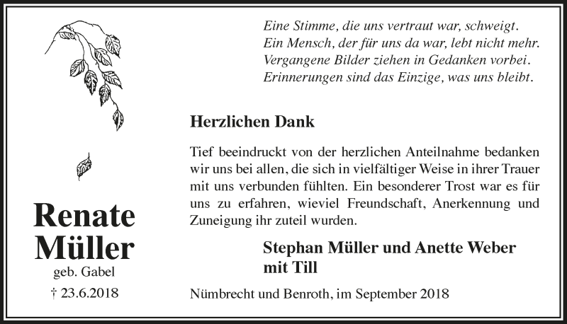  Traueranzeige für Renate Müller vom 12.09.2018 aus  Lokalanzeiger 