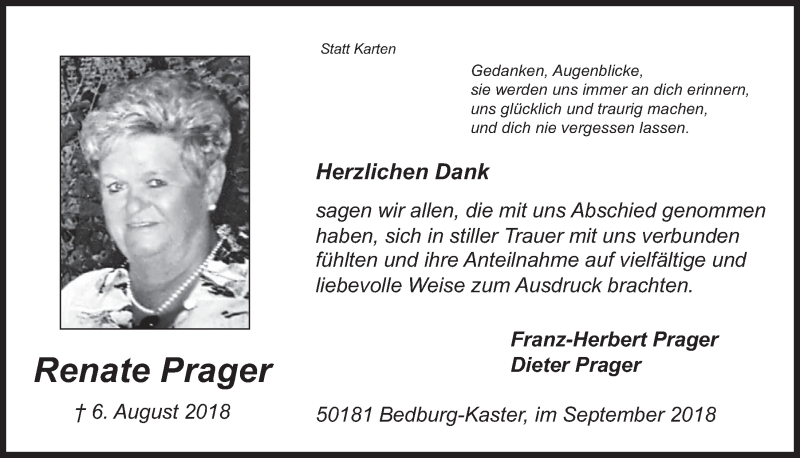  Traueranzeige für Renate Prager vom 12.09.2018 aus  Werbepost 