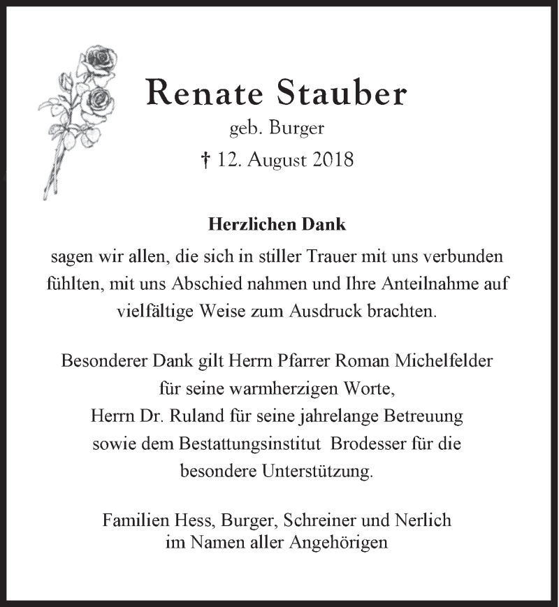  Traueranzeige für Renate Stauber vom 19.09.2018 aus  Kölner Wochenspiegel 