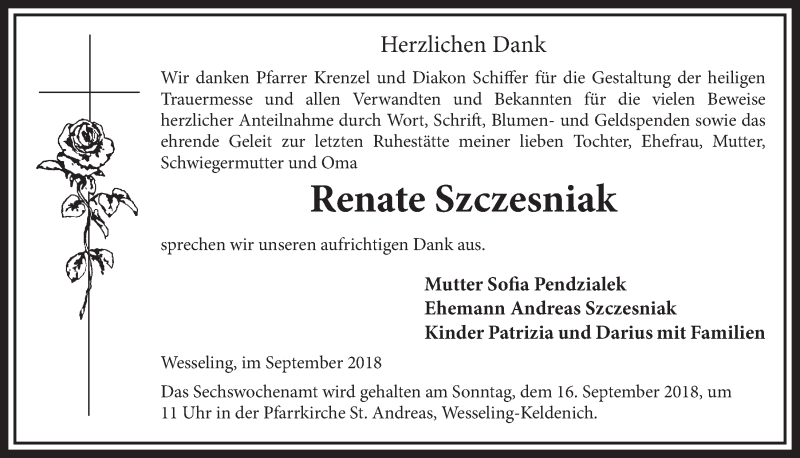  Traueranzeige für Renate Szczesniak vom 12.09.2018 aus  Schlossbote/Werbekurier 