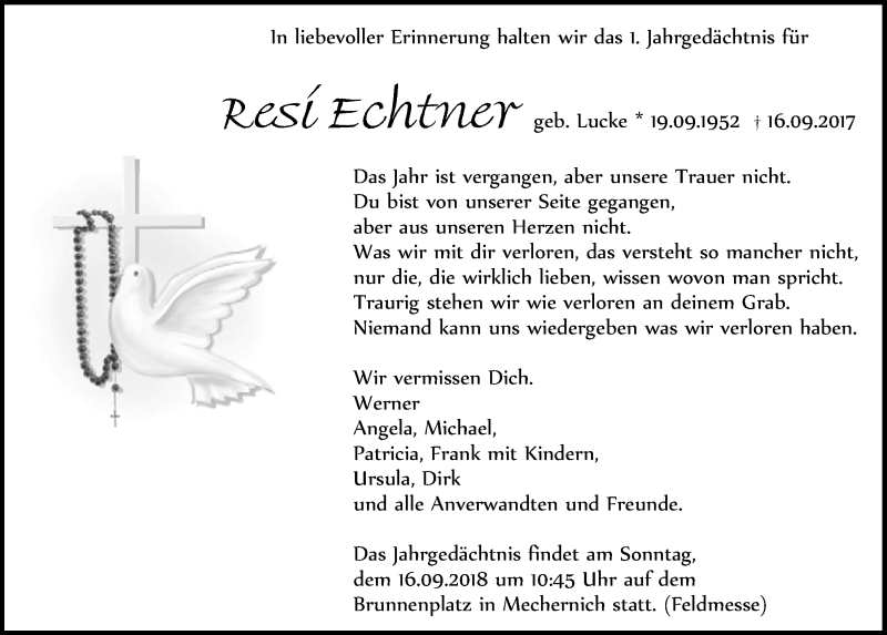  Traueranzeige für Resi Echtner vom 15.09.2018 aus  Blickpunkt Euskirchen 