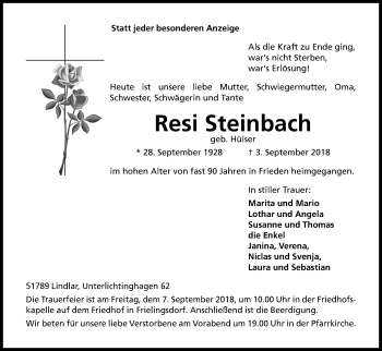 Anzeige von Resi Steinbach von Kölner Stadt-Anzeiger / Kölnische Rundschau / Express