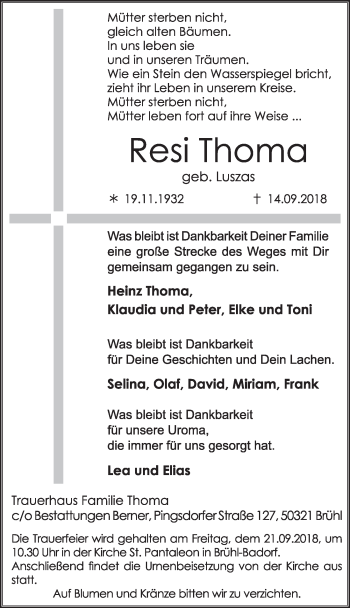Anzeige von Resi Thoma von  Schlossbote/Werbekurier 