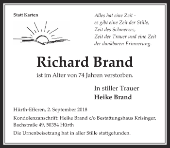 Anzeige von Richard Brand von  Wochenende 