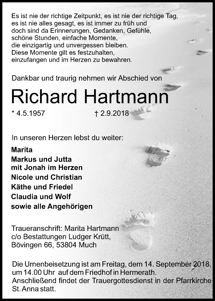  Traueranzeige für Richard Hartmann vom 07.09.2018 aus Kölner Stadt-Anzeiger / Kölnische Rundschau / Express