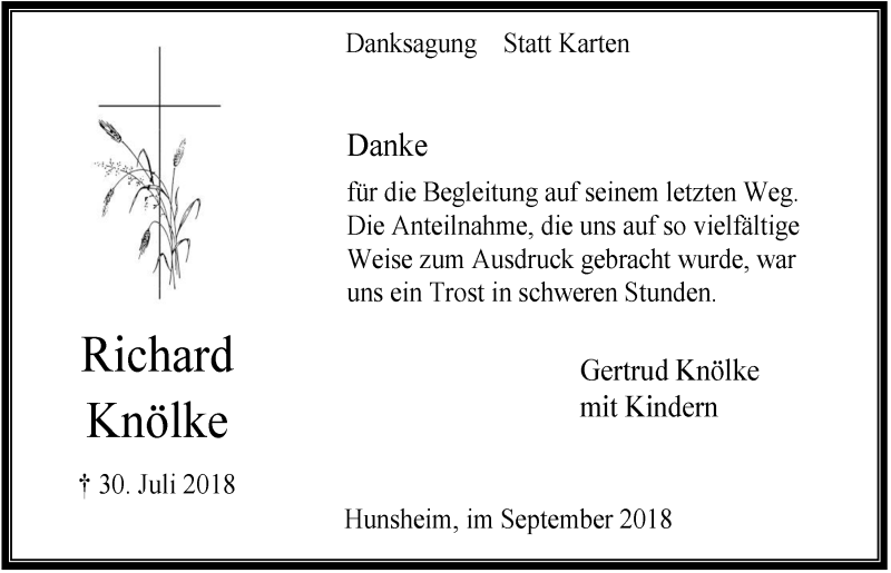  Traueranzeige für Richard Knölke vom 12.09.2018 aus  Anzeigen Echo 
