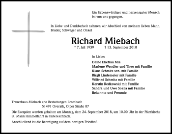 Anzeige von Richard Miebach von Kölner Stadt-Anzeiger / Kölnische Rundschau / Express