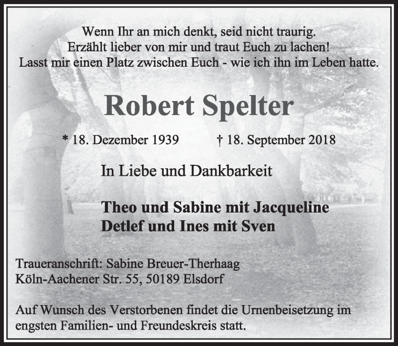  Traueranzeige für Robert Spelter vom 29.09.2018 aus  Sonntags-Post 