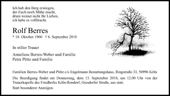 Anzeige von Rolf Berres von Kölner Stadt-Anzeiger / Kölnische Rundschau / Express