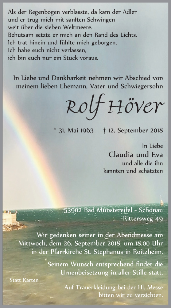  Traueranzeige für Rolf Höver vom 22.09.2018 aus  Blickpunkt Euskirchen 