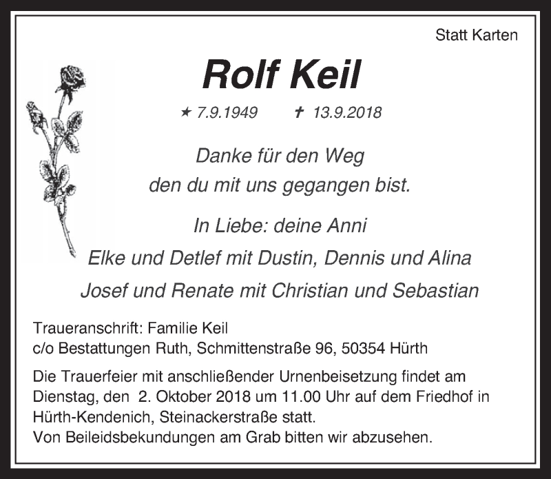  Traueranzeige für Rolf Keil vom 26.09.2018 aus  Wochenende 