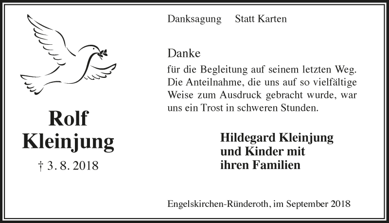  Traueranzeige für Rolf Kleinjung vom 19.09.2018 aus  Anzeigen Echo 