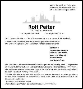 Anzeige von Rolf Peiter von Kölner Stadt-Anzeiger / Kölnische Rundschau / Express