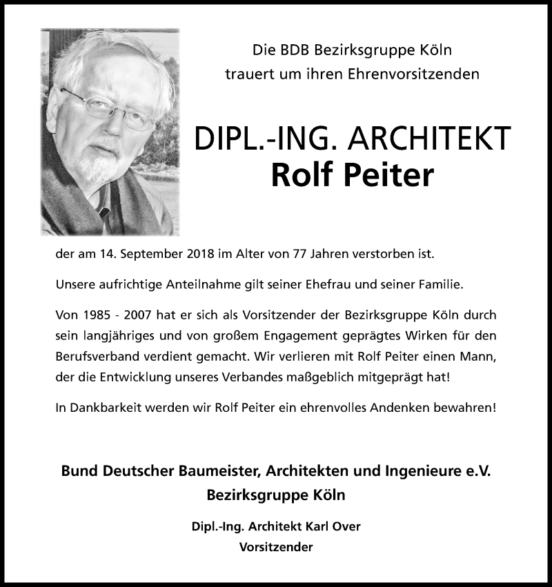  Traueranzeige für Rolf Peiter vom 22.09.2018 aus Kölner Stadt-Anzeiger / Kölnische Rundschau / Express