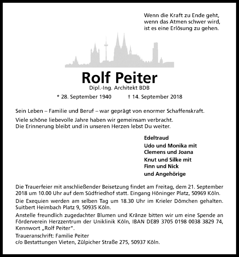  Traueranzeige für Rolf Peiter vom 19.09.2018 aus Kölner Stadt-Anzeiger / Kölnische Rundschau / Express