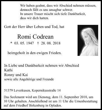 Anzeige von Romi Codrean von Kölner Stadt-Anzeiger / Kölnische Rundschau / Express