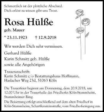Anzeige von Rosa Hülße von Kölner Stadt-Anzeiger / Kölnische Rundschau / Express
