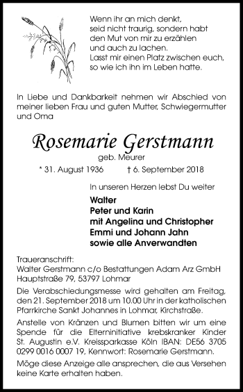 Anzeige von Rosemarie Gerstmann von Kölner Stadt-Anzeiger / Kölnische Rundschau / Express