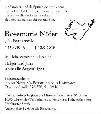 Anzeige von Rosemarie Nöfer von Kölner Stadt-Anzeiger / Kölnische Rundschau / Express