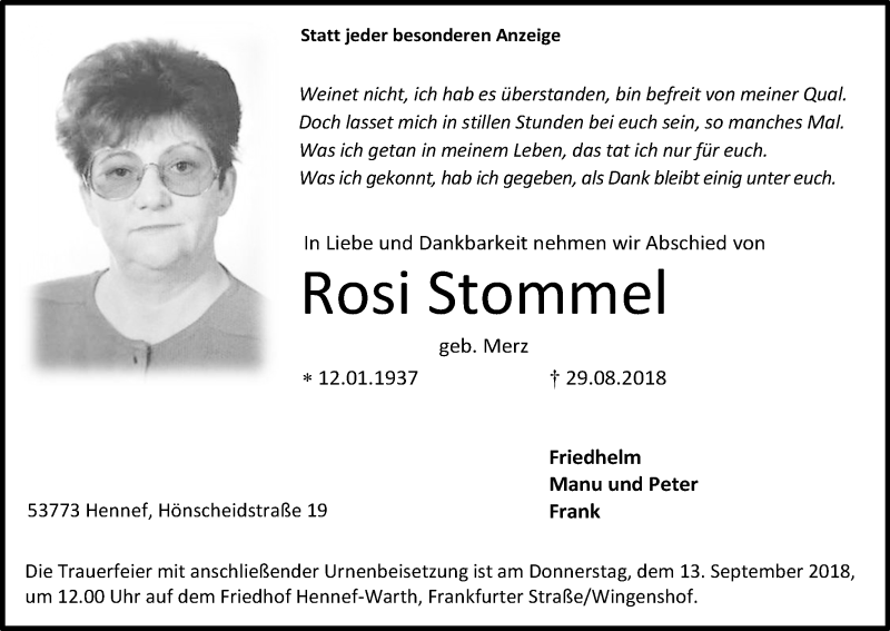  Traueranzeige für Rosi Stommel vom 08.09.2018 aus Kölner Stadt-Anzeiger / Kölnische Rundschau / Express