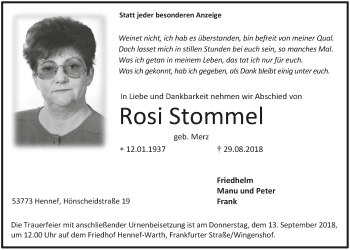 Anzeige von Rosi Stommel von  Extra Blatt 