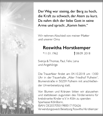 Anzeige von Roswitha Horstkemper von Kölner Stadt-Anzeiger / Kölnische Rundschau / Express