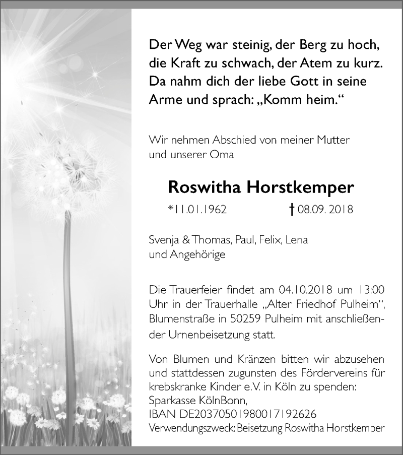  Traueranzeige für Roswitha Horstkemper vom 22.09.2018 aus Kölner Stadt-Anzeiger / Kölnische Rundschau / Express