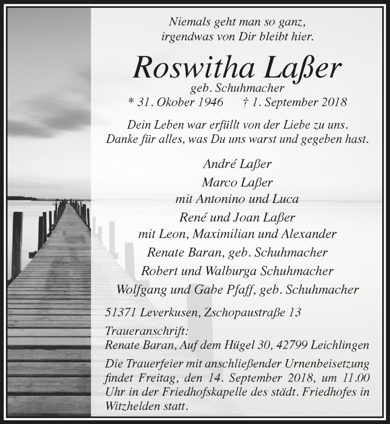 Traueranzeige für Roswitha Laßer vom 12.09.2018 aus  Lokale Informationen 