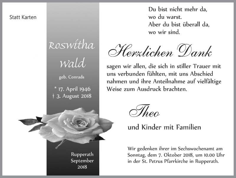  Traueranzeige für Roswitha Wald vom 22.09.2018 aus  Blickpunkt Euskirchen 