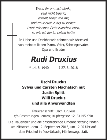 Anzeige von Rudi Druxius von  Kölner Wochenspiegel 