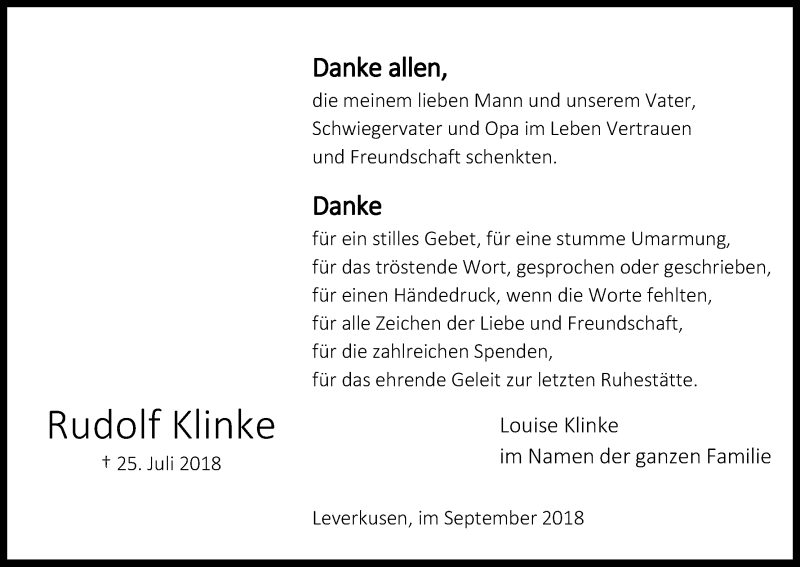  Traueranzeige für Rudolf Klinke vom 08.09.2018 aus Kölner Stadt-Anzeiger / Kölnische Rundschau / Express
