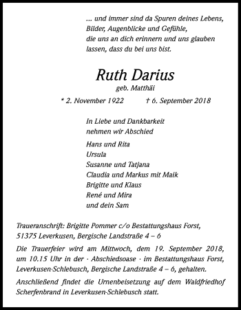 Anzeige von Ruth Darius von Kölner Stadt-Anzeiger / Kölnische Rundschau / Express