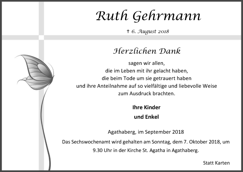  Traueranzeige für Ruth Gehrmann vom 29.09.2018 aus Kölner Stadt-Anzeiger / Kölnische Rundschau / Express
