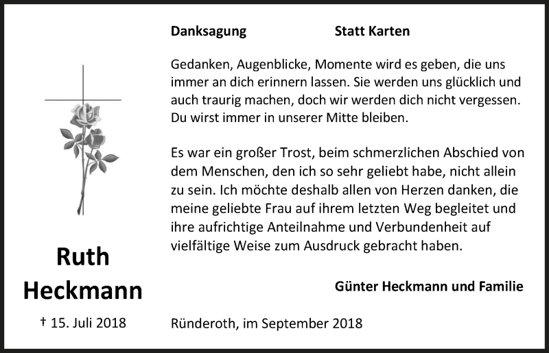  Traueranzeige für Ruth Heckmann vom 26.09.2018 aus  Anzeigen Echo 