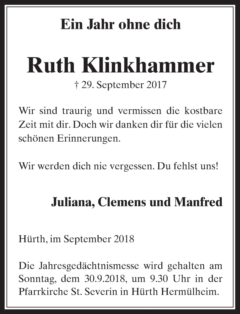  Traueranzeige für Ruth Klinkhammer vom 26.09.2018 aus  Wochenende 