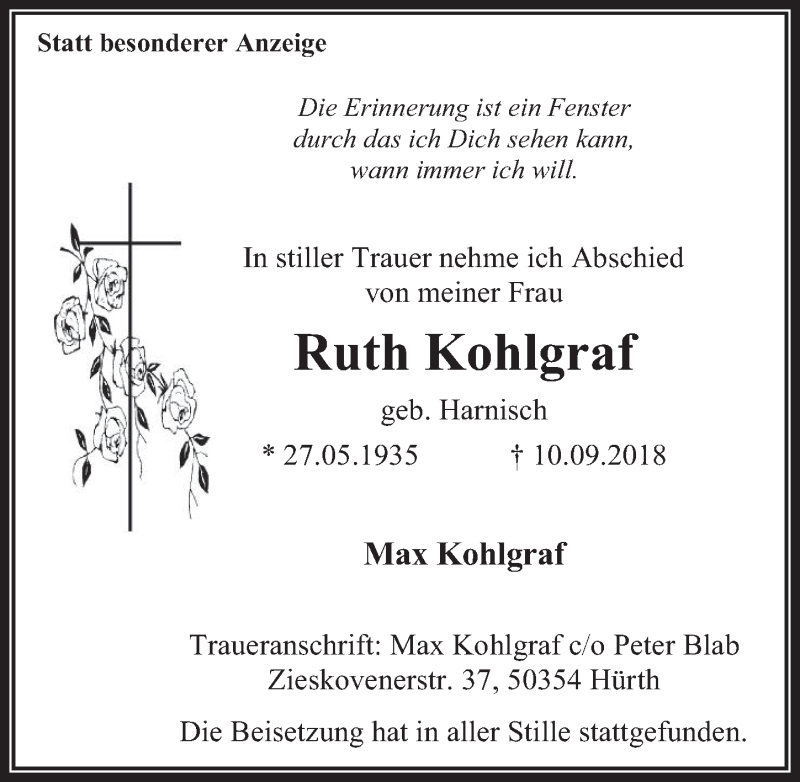  Traueranzeige für Ruth Kohlgraf vom 26.09.2018 aus  Wochenende 