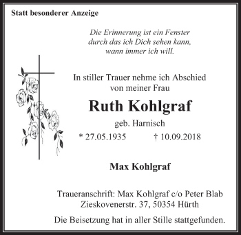 Anzeige von Ruth Kohlgraf von  Wochenende 