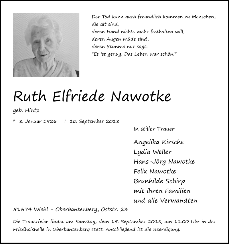  Traueranzeige für Ruth Elfriede Nawotke vom 13.09.2018 aus Kölner Stadt-Anzeiger / Kölnische Rundschau / Express