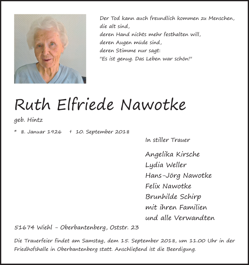  Traueranzeige für Ruth Elfriede Nawotke vom 14.09.2018 aus Kölner Stadt-Anzeiger / Kölnische Rundschau / Express