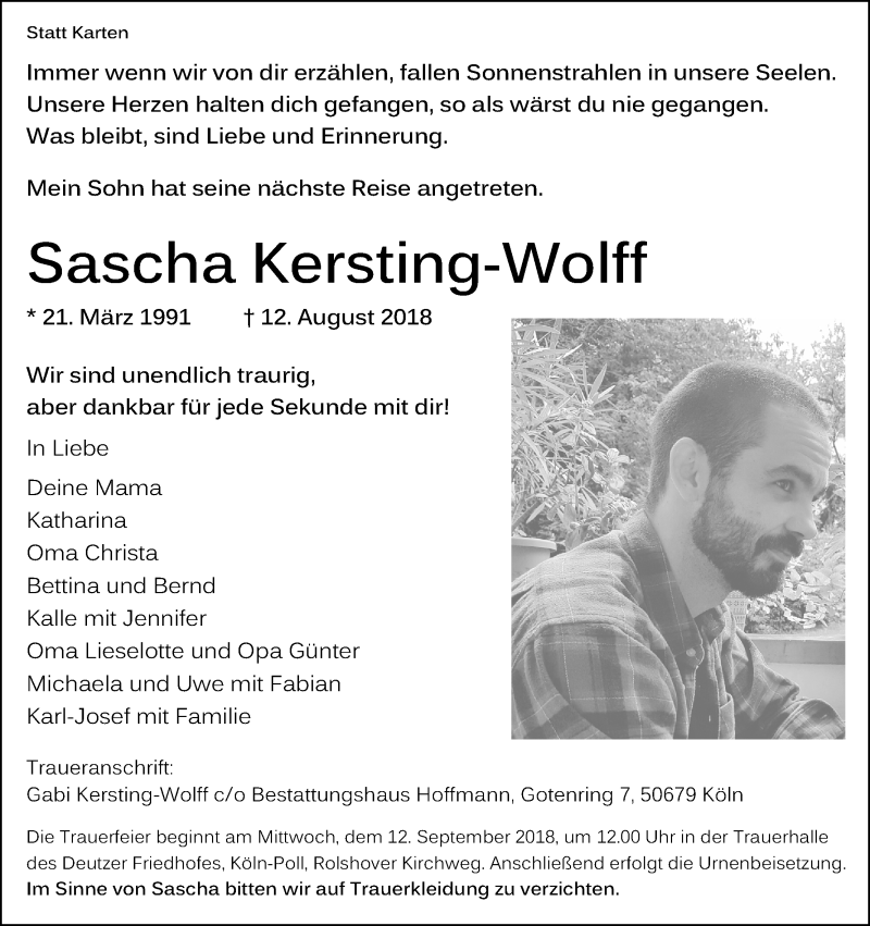  Traueranzeige für Sascha Kersting-Wolff vom 08.09.2018 aus Kölner Stadt-Anzeiger / Kölnische Rundschau / Express