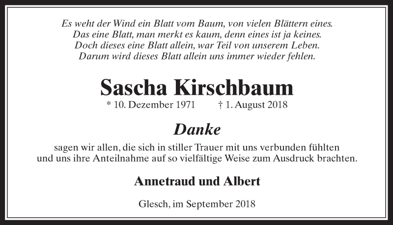  Traueranzeige für Sascha Kirschbaum vom 05.09.2018 aus  Werbepost 