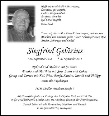 Anzeige von Siegfried Geläzius von Kölner Stadt-Anzeiger / Kölnische Rundschau / Express
