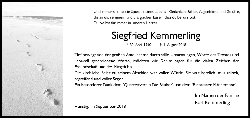  Traueranzeige für Siegfried Kemmerling vom 22.09.2018 aus Kölner Stadt-Anzeiger / Kölnische Rundschau / Express