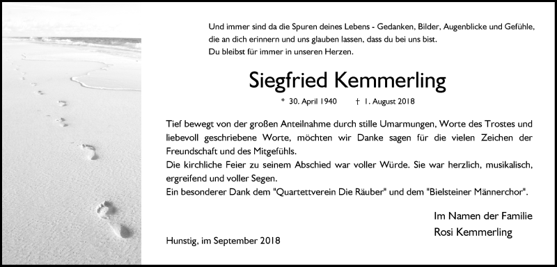  Traueranzeige für Siegfried Kemmerling vom 26.09.2018 aus  Anzeigen Echo 