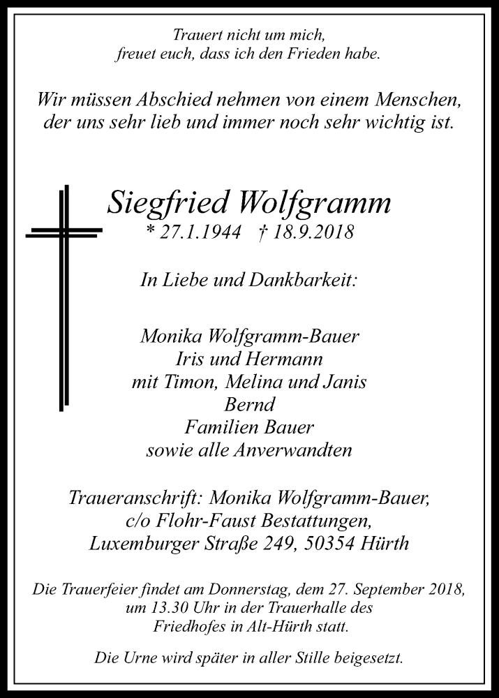  Traueranzeige für Siegfried Wolfgramm vom 22.09.2018 aus Kölner Stadt-Anzeiger / Kölnische Rundschau / Express