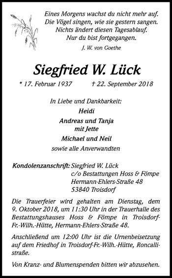 Anzeige von Siegfried W. Lück von Kölner Stadt-Anzeiger / Kölnische Rundschau / Express